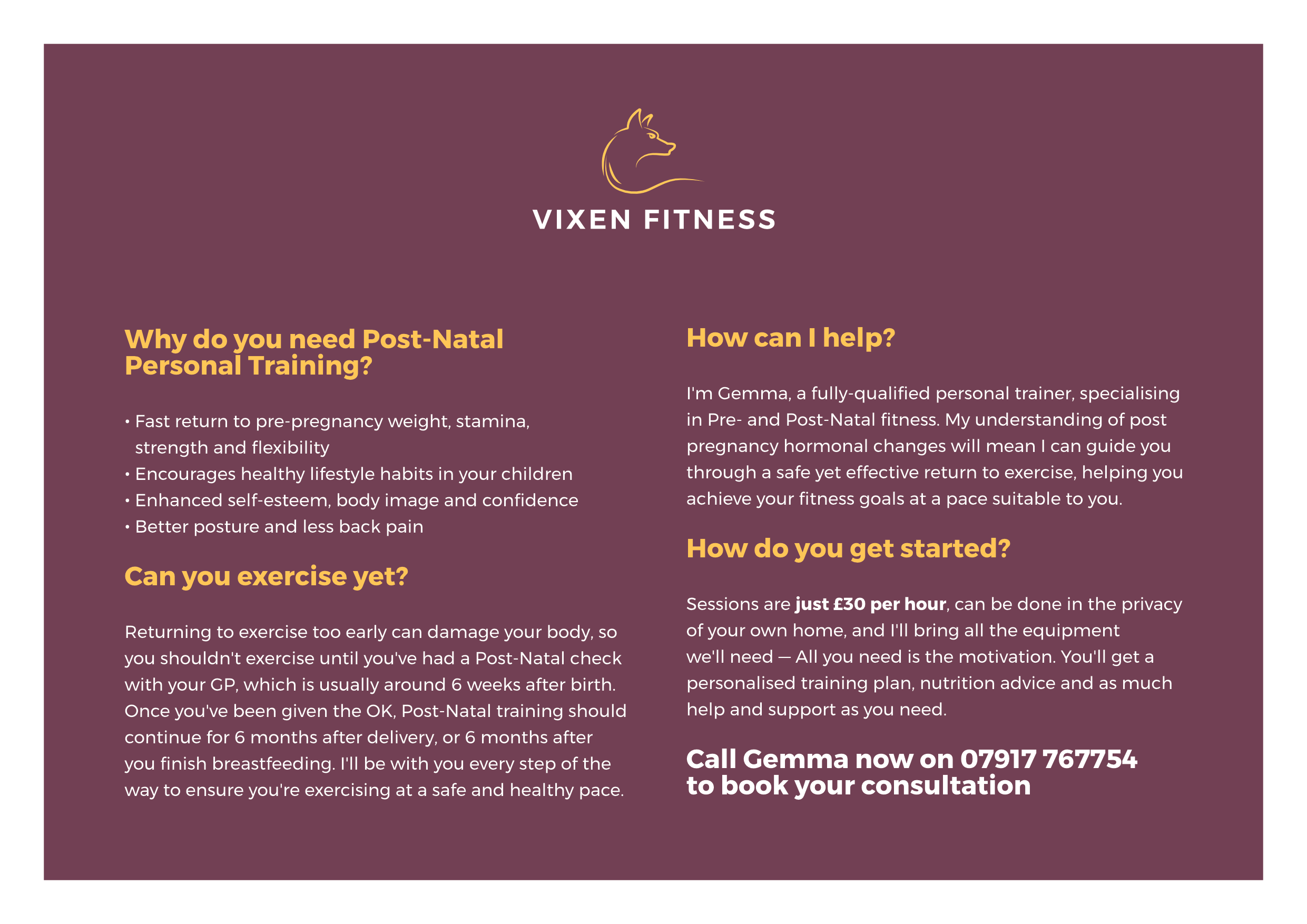 The reverse of a postcard advertising Gemma's post-natal fitness classes