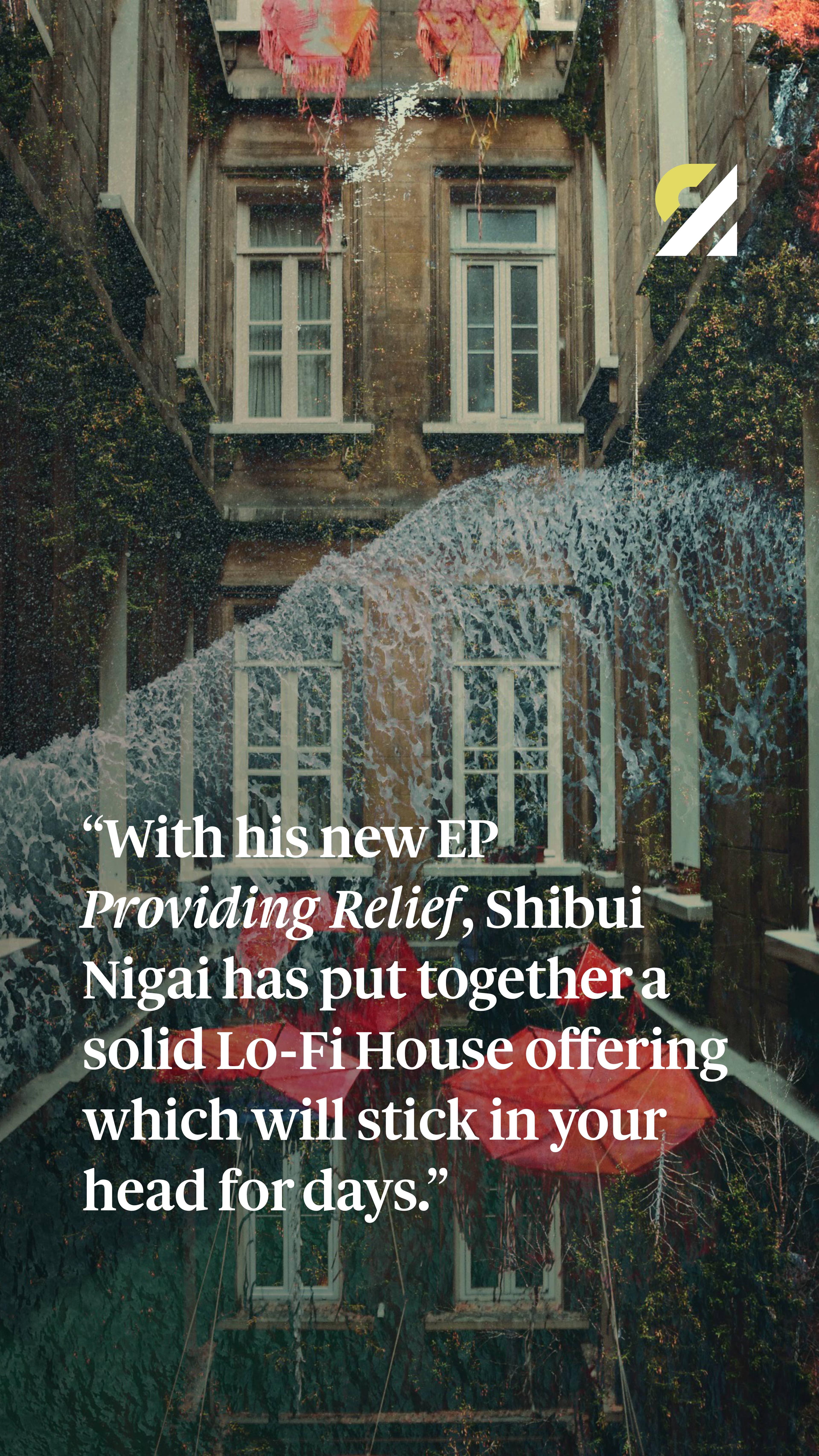 A social media post for Redistribute Magazine. Shows an image of the EP artwork for Shibui Nigai's "Providing Relief", with the following text overlayed: "With his new EP Providing Relief, Shibui Nigai has put together a solid Lo-fi House offering which will stick in your head for days.".