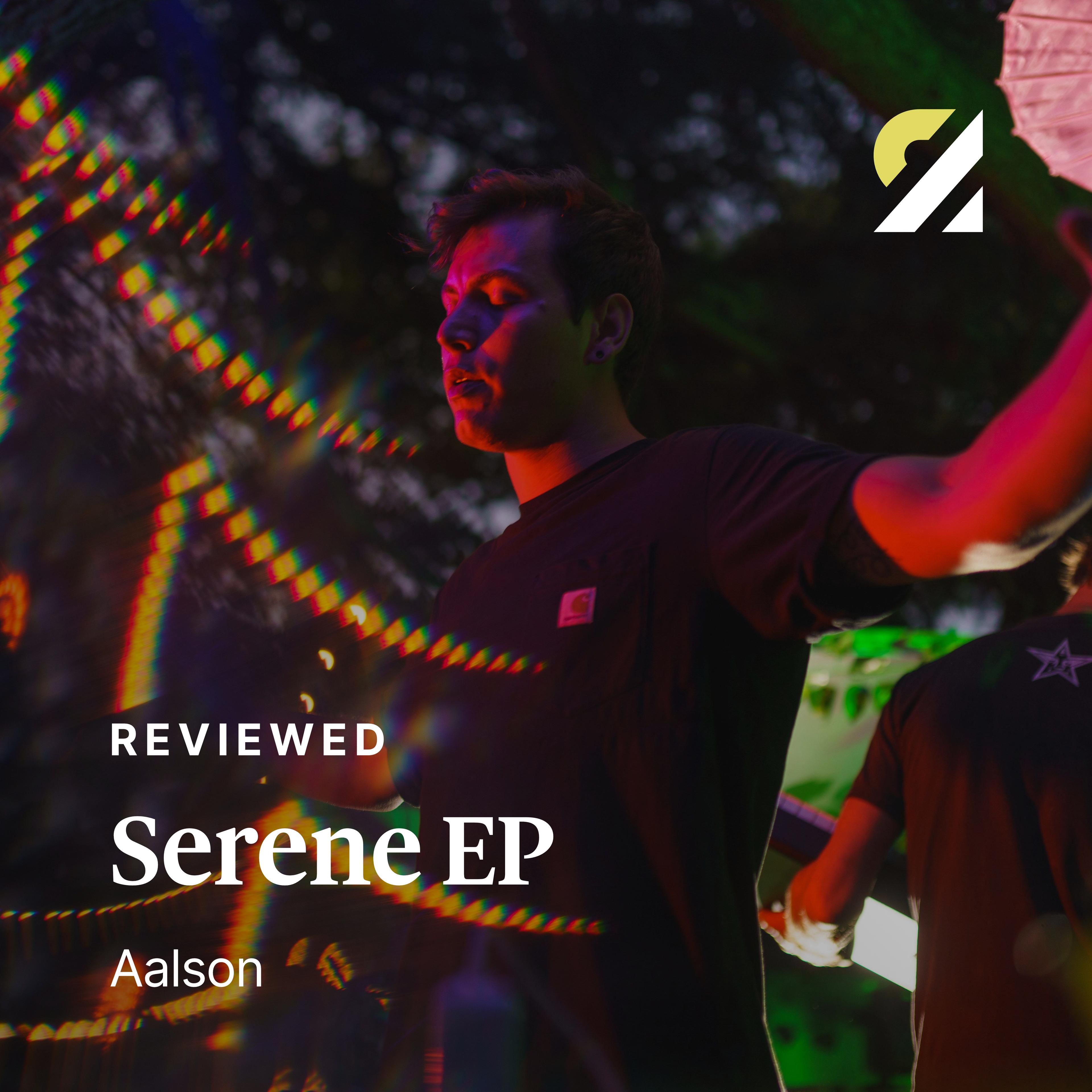 A social media post for Redistribute Magazine. Shows an image of the artist Aalson, with the following text overlayed: "Reviewed: Serene EP, Aalson".