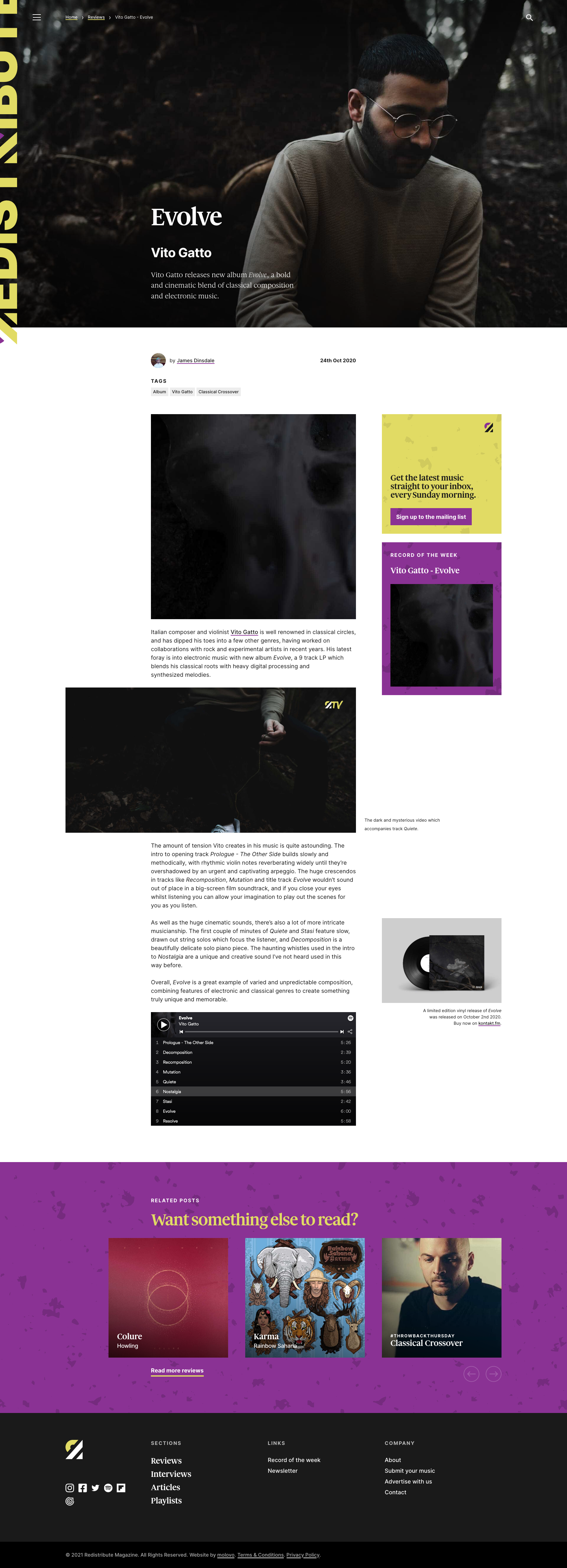 A screenhot of an album review page from the Redistribute Magazine website.